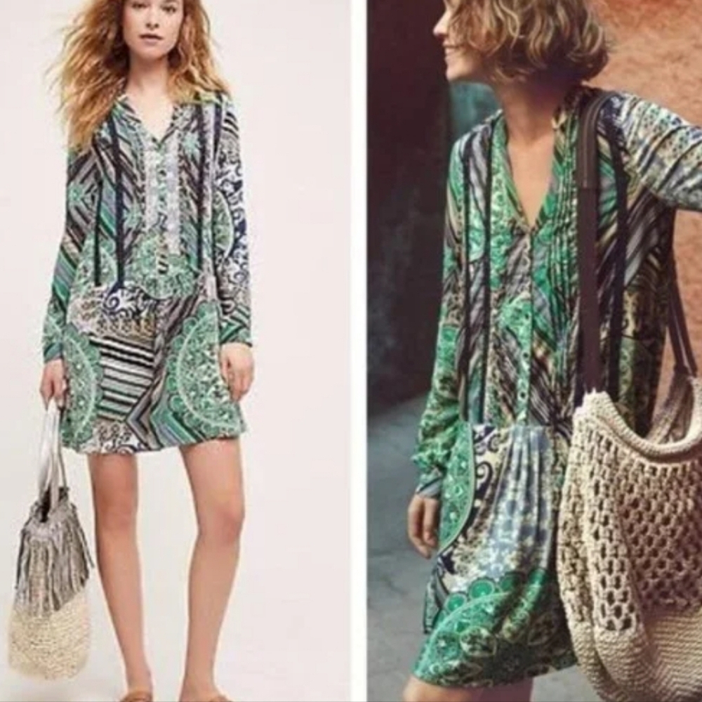 Anthropologie Tiny Caviana Shirt Dress Green Medium Drop Waist Loose Fit